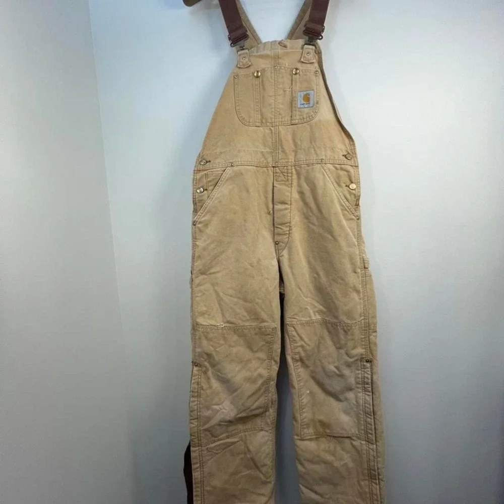 Carhartt red lined bib overalls vtg thrashed 36x29 double knee duck canvas work - Picture 2 of 6
